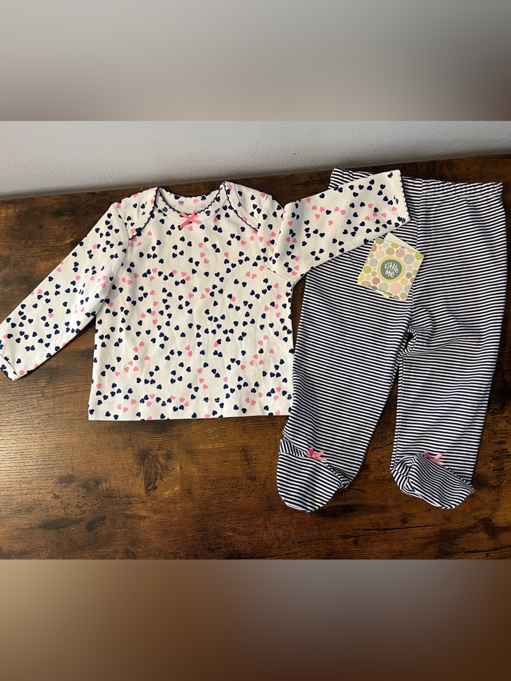 Little Me White Top with Pink & Navy Hearts and Navy Striped Footed Pants
